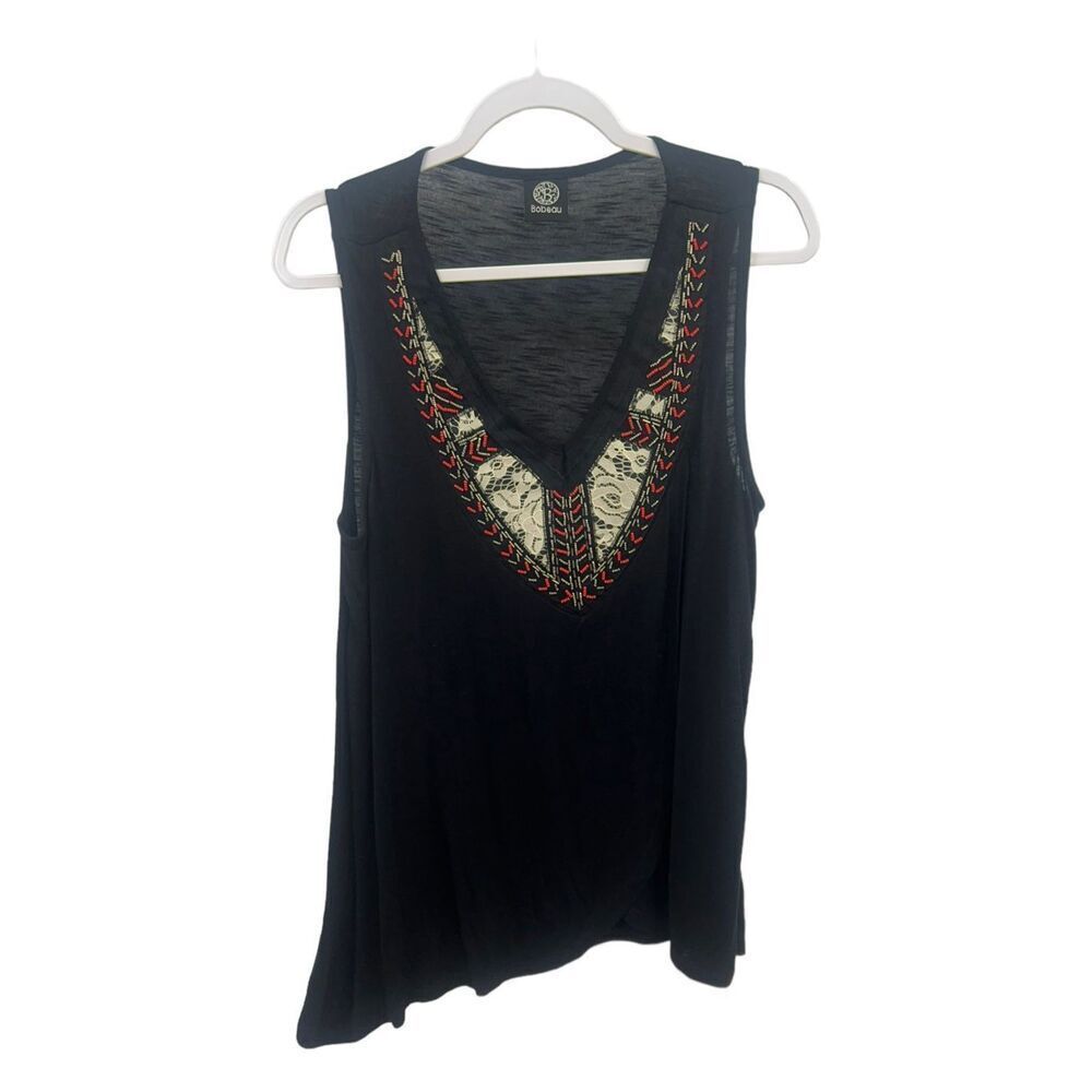 Bodeau Black Sleeveless V-Neck Top Embroidered Lace Detail Size L